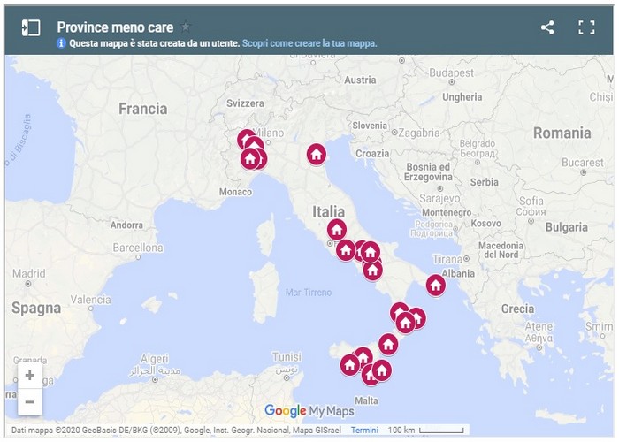 MAPPA DELLE PROVINCE CON I PREZZI PIU' BASSI D' ITALIA